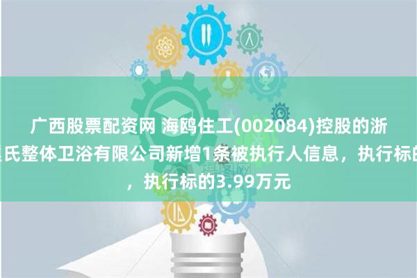 广西股票配资网 海鸥住工(002084)控股的浙江海鸥有巢氏整体卫浴有限公司新增1条被执行人信息，执行标的3.99万元